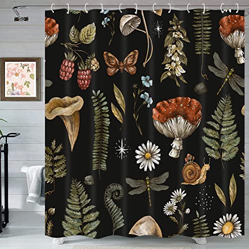 Vintage Mushroom Shower Curtain Sets, Botanical Mushrooms Fern Forest Plants Woodland Nature Witchcraft Bath Curtain, Waterproof Polyester Fabric Bathroom Curtain with Hooks 72 x 72 inch - color: Green Red Black, size: 72"W x 72"L (Pack of 1)