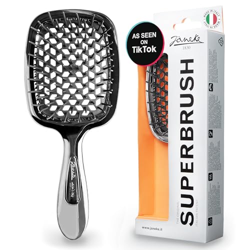 Janeke Superbrush Detangling Brush for Soft Smoothing Hair Brushing with Anti-Static Bristles - Vented Wet Hair Brush for Blow Drying Use - Perfect for Curly, Thick, Wavy, Fine Hair Types (Silver) - color: Silver Superbrush