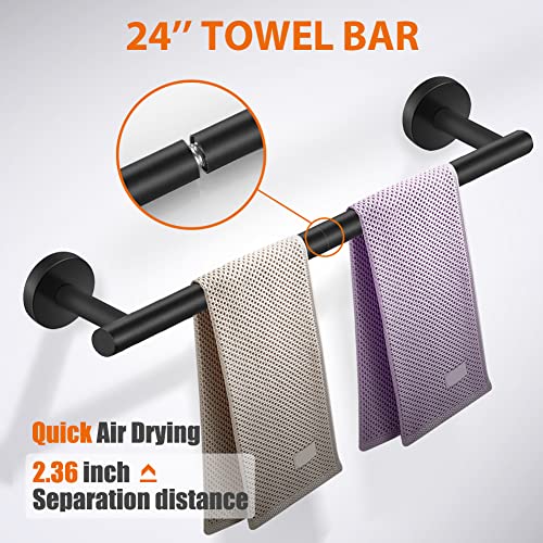 Tudoccy 5-Pieces Matte Black Bathroom Hardware Set SUS304 Stainless Steel Round Wall Mounted - Includes 24" Hand Towel Bar, Toilet Paper Holder, 3 Robe Towel Hooks, Bathroom Accessories Kit - color: Black, size: 24 Inch 5 pcs