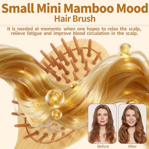 Mini Bamboo Hair Brush 2-Pack, Boar Bristle & Single Pins Massage Detangler, Small Travel Size for Thick/Curly Hair, Anti-Static Pocket Brush for Women Men Kids Gift