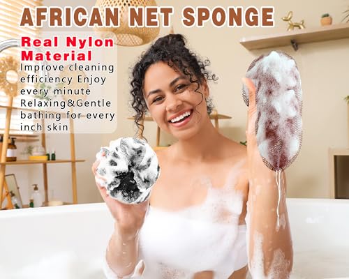 2 Pack African Net Sponge Exfoliating Body Scrubber Bath Sponge for Daily Use (Black+Dark Brown) - color: Black+dark Brown
