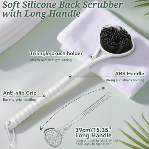 Silicone Back Body Face Scrubbers Set 4PCS, 15.35’’ Back Scrubber Soft Body Scrubber for Dual-Side Usage, Easy-to-Hold Soft Bath Glove & Face Scrubber for Good Foaming Deep Cleaning(Black) - color: Black*4