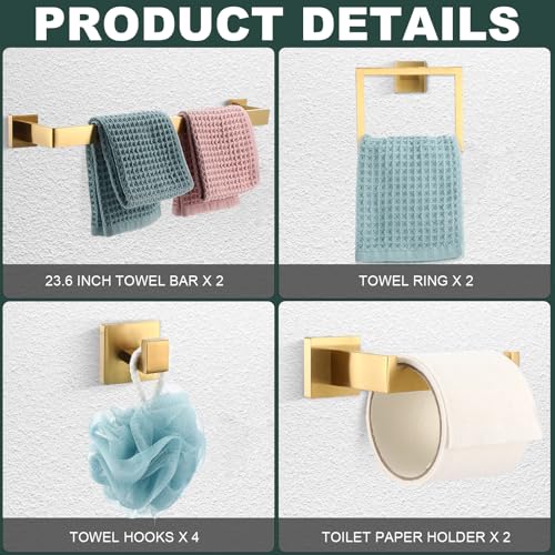Gisafai 10 Pcs Gold Bathroom Hardware Accessories Set 23.6 Inch Bath Towel Bar Kit Stainless Steel Bathroom Hardware Set Towel Racks Ring Robe Hooks Paper Holder for Wall Mounted - color: Gold