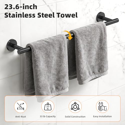 Black 5-Piece Bathroom Hardware Set, 23.6 Inch Towel Bar Set SUS304 Stainless Steel Towel Racks for Bathroom Round Towel Bar, Towel Ring, Toilet Paper Holder, 2 Robe Hooks, Wall Mounted - color: Matte Black