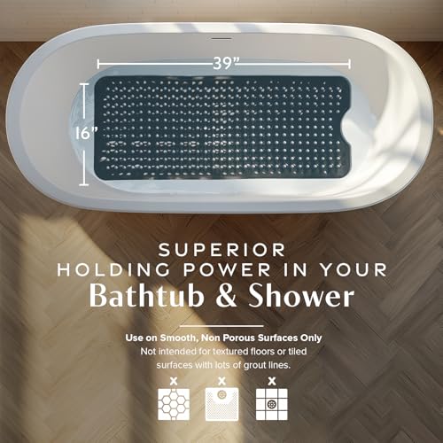 SlipX Solutions Power Grip Bathtub Safety Mat | Precision Grip Technology for Longer, Stronger, & Softer Wet Surface Protection | Solid Black 39"x16" - color: Solid Black