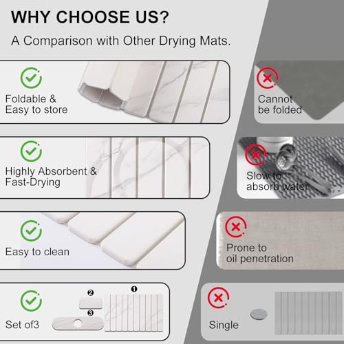 3 PCS Large Stone Dish Drying Mat for Kitchen Counter, Quick Dry Stone Dishes Mats, Sink Faucet Mat, Marble Water Absorbing Diatomaceous Earth Drying Pad for Countertop Tableware, Bottles - color: White Grey Marble