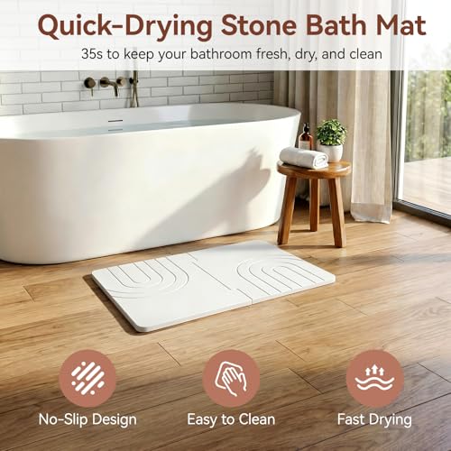 Luxspire Stone Bath Mat, Quick Drying Diatomaceous Earth Bath Mat for Bathroom, Large Bathroom Rug Non Slip, Water Absorbing Shower Pad, Stone Drying Pad for Kitchen Counter, 24 x 16 in, White - color: D-white