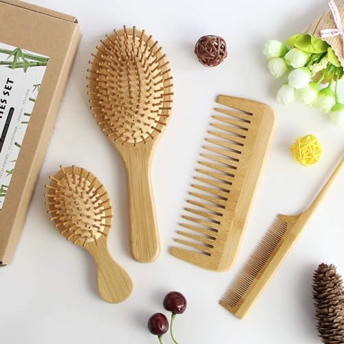 MRD Hair Brush Set, Natural Bamboo Comb Paddle Detangling Hairbrush, Wide-tooth and tail comb No Bristle, suit for Women Men and Kids Thick/Thin/Curly/Dry Hair Gift kit