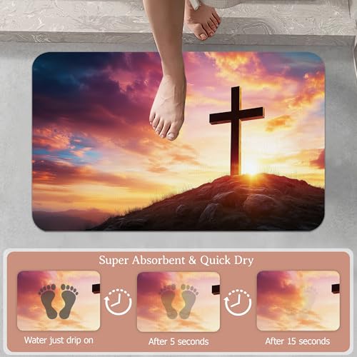 Cross Bathroom Rugs,Bath Mats for Bathroom, Sunset Low Pile Absorbent Bath Mat,Rubber Backing Non Slip Washable Thin Quick Dry Door Mat 17x29.5 Inch - color: Cross,sunset