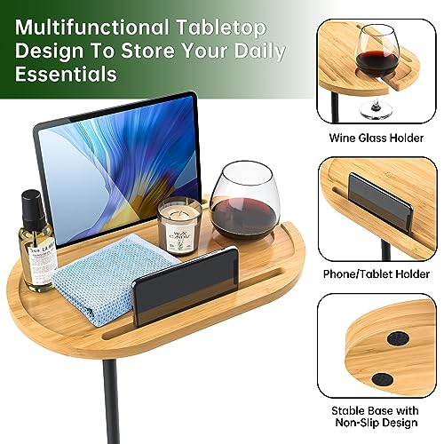NiHome Bamboo Swivel Sofa Armrest Tray Table for Couch with Thickened Stable Base, Adjustable Height TV Tray Side Table with 360° Rotating for Bath Tub Hot Tub Bedside Balcony - size: Standard