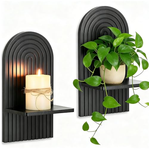 Black Boho Candle Sconces Decor: Set of 2 Wood Mid-Century Wall Candle Holder for Hallway Fireplace Bedroom - Arch Wall Shelf for Plants Pillar Candles - color: Black
