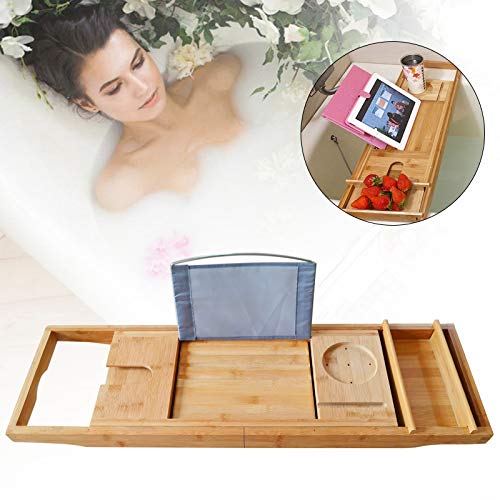 Bamboo Bathtub Tray, Expandable Bath Tray Multifunctional Drain Bath Shelf Caddy Tray Bathtub Storage Rack Bath Tub Tray Table for Candle Towel Book Wine Phone Shower