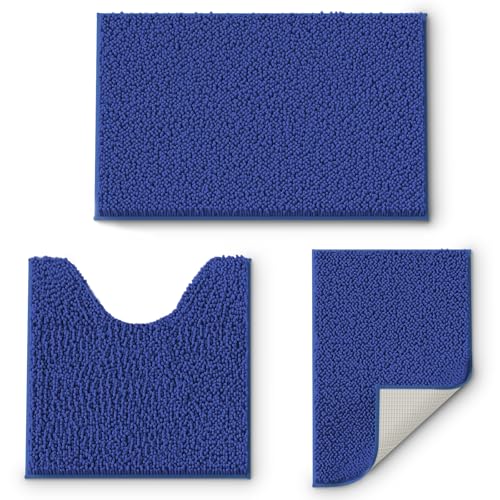 RUN HELIX Royal Blue Chenille Bath Mat Set, 3 Piece, High Pile, Tufted, Machine Made, Non Slip, Absorbent, Fluffy, Washable, Bathroom - color: Blue Royal, size: 16" x 24" + 20" x 32"+ 20" x 20" U shape