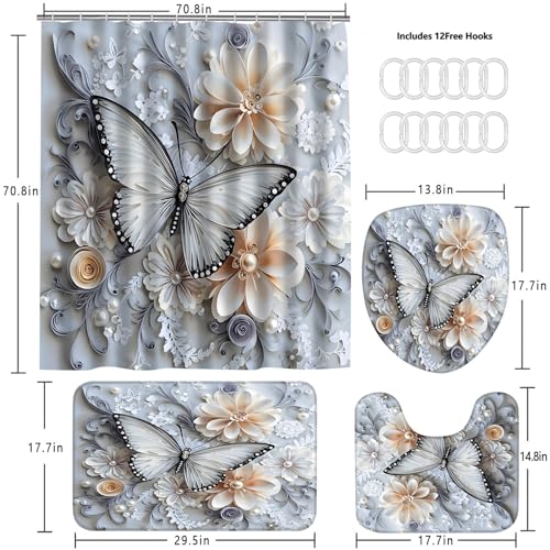 DDQQ 4Pcs Shower Curtain Sets, Blue White Butterfly Bathroom Curtains Shower Set, Bathroom Decor Sets, Shower Curtain for Bathroom with Rugs, Toilet Lid Cover, Bath Mat and 12 Hooks, 71 x 71 Inches - color: Blue and White