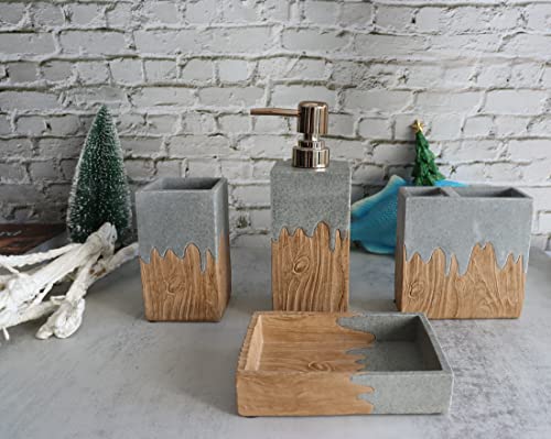 Hymmah Bathroom Accessories Set,Wooden Design Toothbrush Holder,Farmhouse Bathroom Decor,4 Pcs Resin Gift Set Apartment Necessities, Contain Toothbrush Cup,Soap Dispenser,Soap Dish,Tumbler - color: Wooden Design Grey