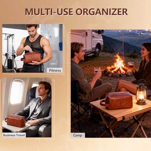 Toiletry Bag for Men,Mens Travel Toiletry Organizer,Personalized Men's Travel Essentials,Water Resistant PU Leather Shaving Bag for Dad Husband Boyfriend, Birthday Gifts for Him,Brown - P - style: Brown P