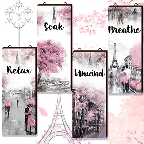 Gerrii 4 Pcs Pink and Grey Bathroom Decor Paris Decor Relax Soak Unwind Breathe Wall Art Farmhouse Bathroom Wedding Newlywed Home Spa Laundry Accessories Wood Hanging Sign(14.57 x 5.79 Inch,Rectangle) - size: 14.57 x 5.79 Inch, style: Rectangle