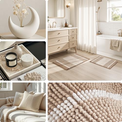 HOMEIDEAS Beige Bathroom Rugs Set of 2, Thick Absorbent Chenille Bath Mats, Non-Slip Soft Shaggy Rugs for Bathroom Floor, 20" x 32" & 17" x 24" - color: Beige