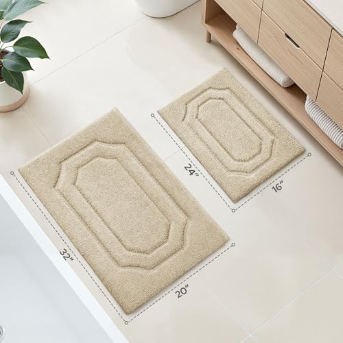 HOMEIDEAS Bathroom Rugs Sets 2 Piece, Extra Soft and Absorbent Microfiber Plush Bath Mat with Non Slip Backing(Beige) - color: Beige