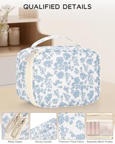 Relavel Travel Makeup Bag, Mini Floral Cosmetic Bag with 2 Makeup Brush Holders, Portable Makeup Pouch for Women, Cute Toiletry Bag with Double Layer Organizer, Blue Flower-Smaller - color: 01-Blue Flower, size: SMALL