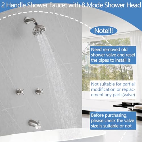 2 Handles Shower Faucet Set with Tub Spout Bathtub Shower Faucet Combo Set Shower System Complete Tub and Shower Trim Kit Wall Mounted Shower Fixtures Brushed Nickel - color: Brushed Nickel, style: 2 Handles
