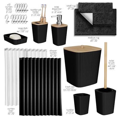 Clara Clark Bathroom Accessories Set - Bathroom Set, Bathroom Sets with Shower Curtain and Rugs, Shower Curtain Set with Bathroom Trash Can - Black - 22PC - color: Black, size: Complete Set + Bath Rugs