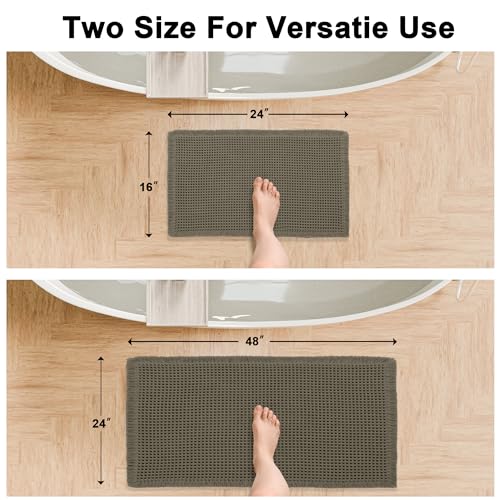 Hiasan Set of 2 Waffle Bath Mat, Super Absorbent Non Slip Bathroom Boho Rug with Tassels, Machine Washable Bath Mats for Bathroom, Ultra Soft Rubber Backed Rug, Grayish Green, 16" x 24" + 24" x 48" - color: Grayish Green, size: 16" x 24" + 24" x 48"