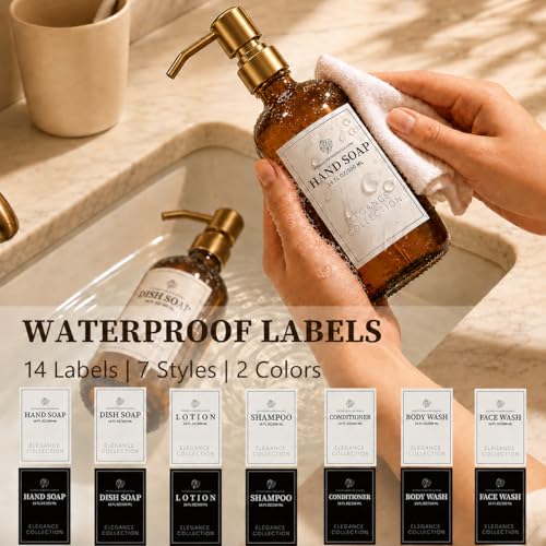 Fachixy Amber Glass Soap Dispenser (2 Pack), 16 Fl Oz Hand & Dish Soap Dispenser Bottles Set with Rust-Resistant Stainless Steel Pump, Non-Slip Pad, 14 Waterproof Labels for Kitchen and Bathroom - color: Amber