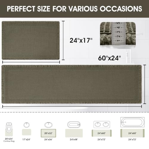 Upgraded Waffle Bath Mat Set 2 Piece Greyish Green-Bordered, Super Absorbent Non-Slip Quick Dry Bathroom Rugs with Tassels, Machine Washable Ultra Soft Boho Bath Rugs, Toilet Mats Boho Farmhouse Decor - color: Greyish Green, size: 24"x17"+5'x2'