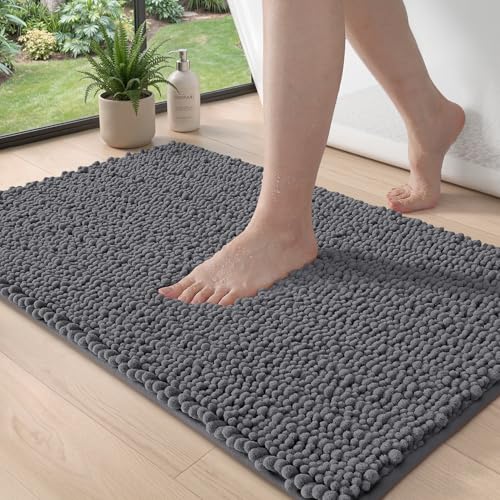 DEXI Bathroom Rugs 24x16, Super Soft Thick Chenille Absorbent Bath Mat, Non Slip Machine Washable Fluffy Shag Bathmat for Sink, Tub, Shower Floor, Grey - color: Grey, size: 24" X 16" (Rectangular)