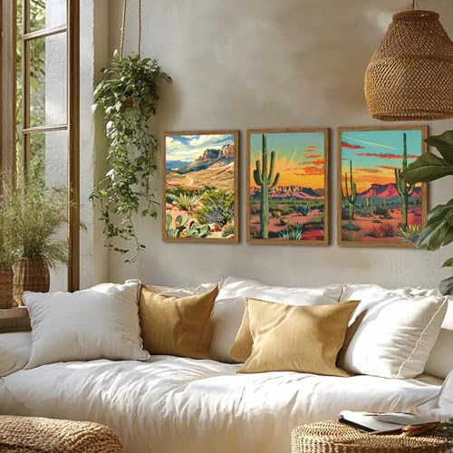 Framed Desert Landscape Wall Art Set of 3, Vintage Mexican Cactus Wall Decor Paintings, Boho Southwestern Mountain Plant Pictures Canvas Prints for Living Room Bedroom Bathroom Office 16x24 inch - color: Desert, size: 24"L x 16"W