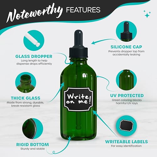 Nevlers Green Glass Dropper Bottle 4 Oz 24 PK| Glass Eye Dropper Bottle Set | with Funnel, Brush, Marker, Labels & Shrink Wrap | Eye Droppers for Medicine | Oil Bottles for Hair & Droppers for Oils - color: Green