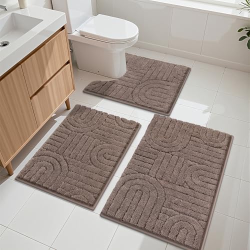 Vaukki Bathroom Rugs Sets 3 Piece, Brown Washable Non Slip Soft Bath Mats for Shower and Tub, Plush Absorbent Microfiber Toilet Rug U Shaped, 32x20+26x18+24x20 Inch - color: Brown, size: 18''x26''+20''x32''+20''x24''