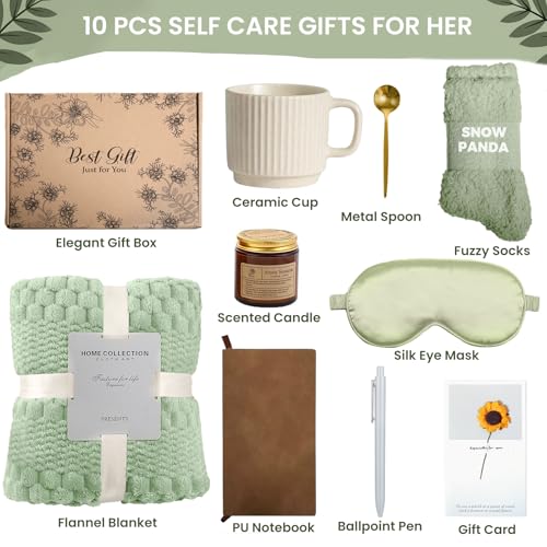 Birthday Gifts for Women, Personalized Self Care Gift Basket with 50"x60" Flannel Blanket, Spa Gift Set for Mom, Sister, Friend, Wife, Coworker, Thinking of You Care Package - color: Sage Green-10 Pc