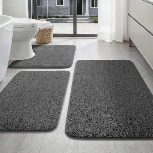 YIHOUSE Memory Foam Bathroom Rugs Sets 3 Piece - Extra Thick Soft Towel-Like Absorbent Bath Mat Set, Non Slip Machine Washable Bath Rugs Carpet for Bath, Tub and Shower, Dark Grey - color: Dark Grey, size: 1'8" x 2'8" (3 pieces)