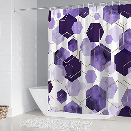 LQCOOL 4Pcs Purple Shower Curtain Set Marble Grain Geometric Bathroom Set Lavender Abstract Bathroom Curtain Set with 12 Hooks Carpet Bath Mat and Toilet Rugs - color: Purple
