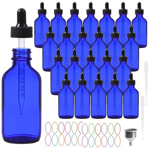 AuroTrends Glass Dropper Bottle 2 oz 24Pack, Blue Glass Tincture Bottles with Dropper, Funnel, Stickers, Plastic Graduated Pipette - color: Blue, size: 2fl.oz-24Pack