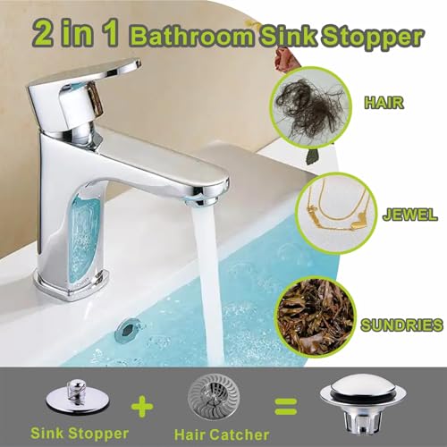 2 Pack Chrome Sink Drain Stopper,Glimflorus Universal 2-in-1 Pop Up Bathroom Sink Stopper with Hair Catcher and Strainer for 1 1/8"-1 1/2" Drain Holes - color: Chrome Plated-2