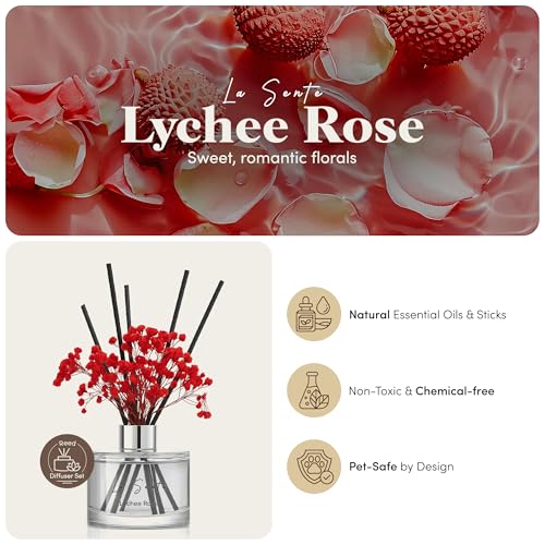 Reed Diffuser Set (6.7fl oz), Natural Lychee Rose Essential Oil Fragrance with Glass Bottle, Black Rattan Sticks & Preserved Flowers, Up to 120 Days Lasting Fragrance for Home & Office