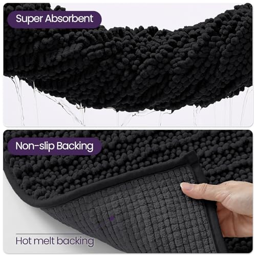 DEXI Bathroom Rugs 24x16, Super Soft Thick Chenille Absorbent Bath Mat, Non Slip Machine Washable Fluffy Shag Bathmat for Tub, Shower Floor, Black - color: Black, size: 24" X 16" (Rectangular)