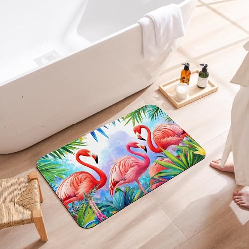 Diatomaceous Bathroom Rugs,Watercolor Flamingo Bathroom Decor,Summer Tropical Palm Leaf Non Slip Bath Mat,Quick Dry Easy To Clean Care Shower Rug for Home Dorm Low Profile Floor Mat 17 X 29.5 Inch - color: Watercolor Flamingo