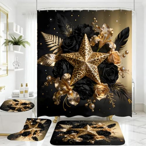 Black and Gold Shower Curtain Sets with Rugs, Luxury Leopard Star Floral Bathroom Decor, 4 Piece African Animal Print Bath Set with Non-Slip Rug, Toilet Lid Cover and Bath Mat, Waterproof Fabric - color: Black Gold Star