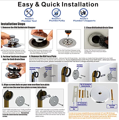 Artiwell Chrome Universal Bathtub Drain Conversion Kit - Easy Installation Tub Drain Replacement Trim with 1-Hole Overflow Face Plate and Pop-Up Tub Stopper, Chrome Plated - color: Chrome Plated