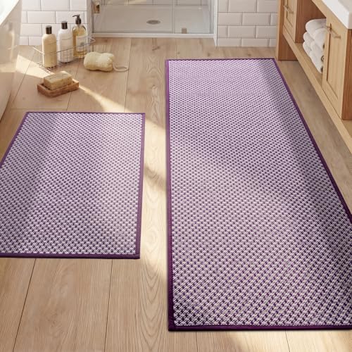 YIHOUSE Thin Bath Mat Purple Bathroom Rugs Sets 2 Pieces, Non Slip Absorbent Mats Quick Dry, Woven Rugs Washable, Tapetes para Baño for Bathroom Toilet,Bathtub(17"x24"+17"x47") - color: Purple, size: 2Pieces(17"x24"+17"x47")