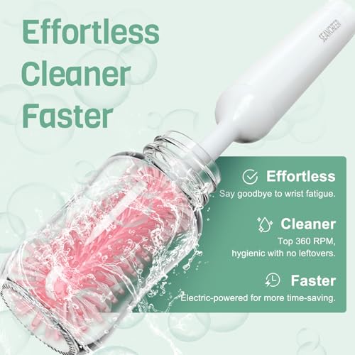 SEANCHEER S02 Electric Bottle Brush Set, Portable Baby Bottle Brush Cleaner, AA Battery-Powered & IPX7 Waterproof, with Silicone Bottle/Nipple/Straw Brush, for Home & Travel (Pink) - color: White-pink