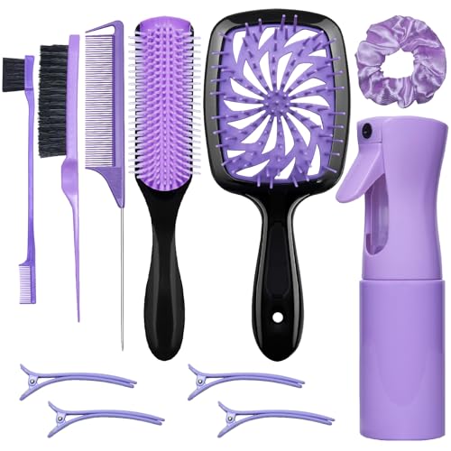 11 Pcs Hairbrush Set, Detangle Hair Brush And Spray Bottle, 3 Pieces Smooth Hairbrush For Toddlers, Suitable For Wet and Dry Hairstyles, Suitable For Adults And Children. (Purple) - color: Purple