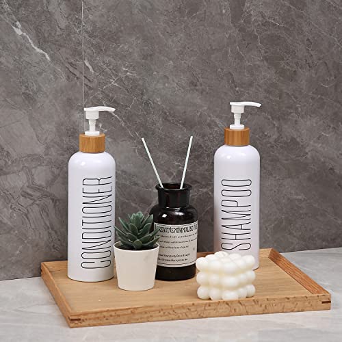 HOMCDALY Shampoo and Conditioner Dispenser, 16oz 3-Pack Refillable Shampoo and Conditioner Bottles, Empty Shampoo Bottles Refillable with Bamboo Pump, Bathroom Shower Shampoo Dispenser Set - color: White&bamboo Pump