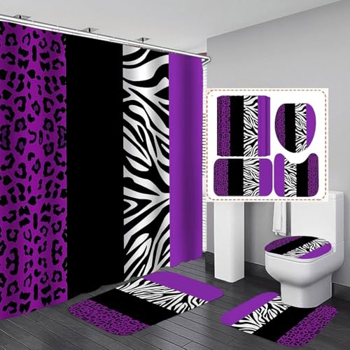 4PCS Leopard Print Shower Curtain Set with Rug, Toilet Lid Cover and Bath Mat, Purple Black Splice Shower Curtain with 12 Hooks, Shower Curtain for Bathroom Decor Set - color: Purple Leopard