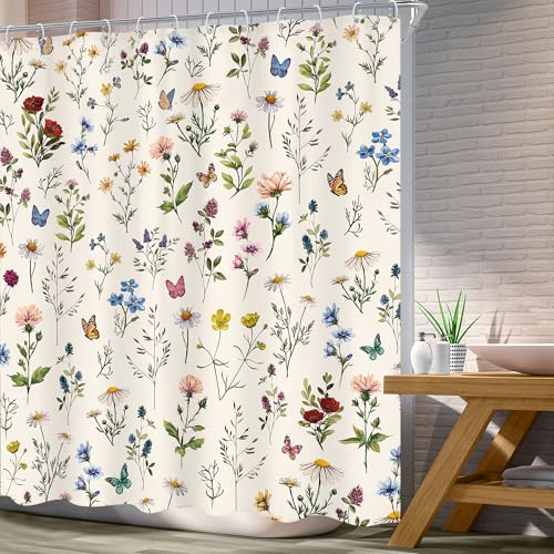Vintage Floral Shower Curtain 72Wx72L Inch Beige Flowers Wildflower Plant Botanical Herbs Cottage Core Bathroom Set Whimsical Butterfly Woman Girls Bath Curtain Bathtub Accessories Home Decor - color: D 01 Beige, size: 72"W x 72"L (Pack of 1)