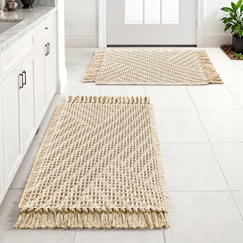 H.VERSAILTEX Waffle Bath Mat Super Absorbent Boho Bath Mat Non Slip Bath Rugs for Bathroom Floor Machine Washable Dry Fast Bathroom Rugs with Tassels (20 x 32 Plus 17 x 24 Inches, Vanilla) - color: Vanilla, size: 20" x 32" Plus 17" x 24"